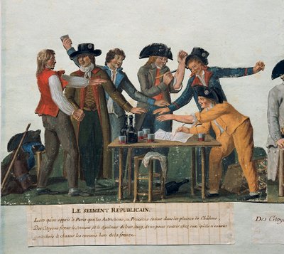 Rivoluzione francese: Il giuramento repubblicano: i cittadini giurano sul loro sangue di non tornare a casa finché non avranno cacciato gli austriaci e i prussiani dalla Francia. Gouache dei fratelli Lesueur (XVIII secolo). Parigi, Museo Carnavalet da Lesueur Brothers