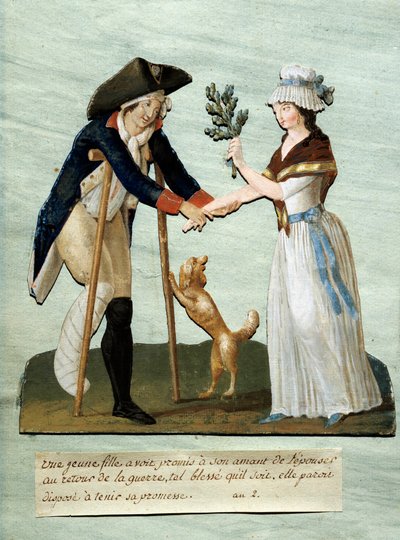 Una giovane ragazza trova le sue ferite promesse dopo la guerra e mantiene la promessa di sposarla. Gouache dei fratelli Lesueur (XVIII secolo). Parigi, Museo Carnavalet da Lesueur Brothers