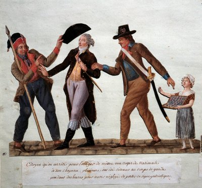 Cittadino arrestato per costringerlo a mettere una coccarda nazionale sul cappello. Gouache dei fratelli Lesueur (XVIII secolo). Museo Carnavalet, Parigi da Lesueur Brothers