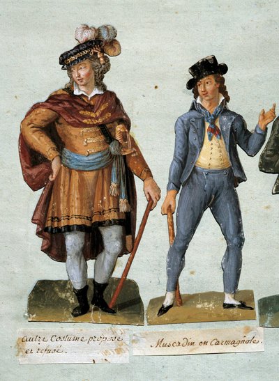 Rivoluzione francese: costumi dei dandy realisti fantasiosi (muscadin). Gouache dei fratelli Lesueur (XVIII secolo). Museo Carnavalet da Lesueur Brothers