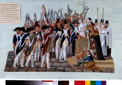 Rivoluzione francese: il giuramento dei distretti. Dopo la proclamazione della Costituzione, il popolo si radunò nelle piazze pubbliche, i curati presiedettero i raduni. Gouache dei fratelli Lesueur (XVIII secolo). 1789 da Lesueur Brothers