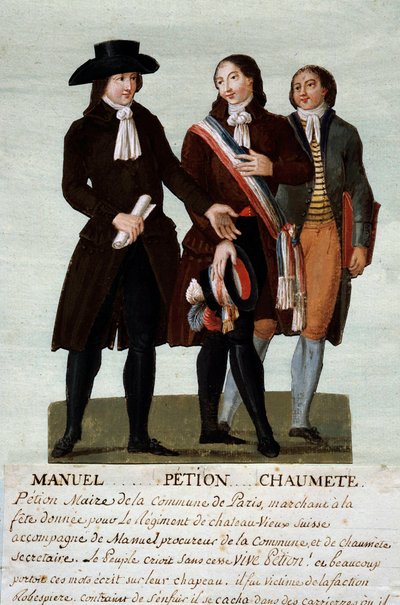 Rivoluzione francese: i rivoluzionari Jerome Petion (1756-1794), Jacques Antoine Manuel (1775-1827) e Pierre-Gaspard Chaumette detto Anaxagoras (1763-1794), portavoce degli sfrenati. Gouache dei fratelli Lesueur (18° secolo) da Lesueur Brothers