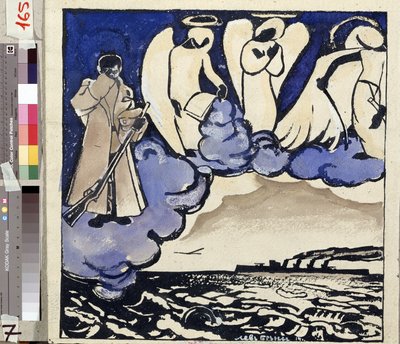 ""La Guerra. Russia. 1914"" Allegoria della Prima Guerra Mondiale. Un soldato e degli angeli. Penna e gouache di Lev Bruni (1894-1948) 1914 State Museum of History, Architecture and Art, Rybinsk, Russia da Lev Aleksandrovitc Bruni