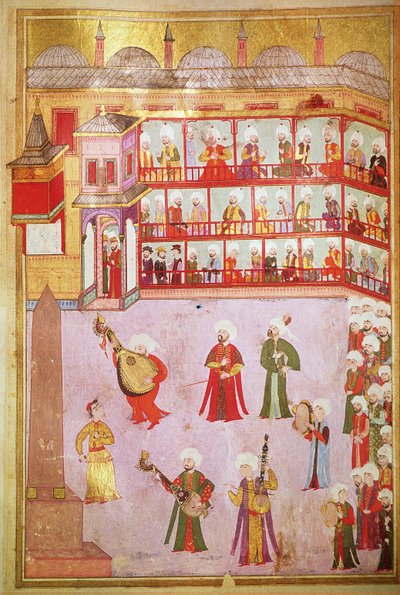 TSM H.1344 Ballerina e musicisti che suonano al festival, 1582-83 da Levni