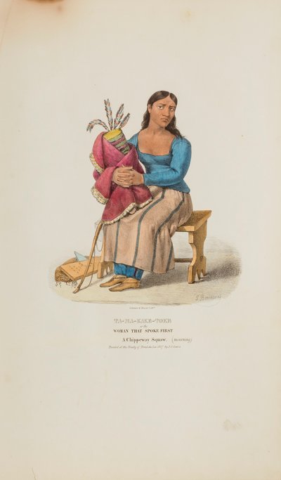 TA-MA-KAKE-TOKE o la donna che parlava per prima; una donna Chippeway (in lutto), da Il portafoglio aborigeno da Lewis, James Otto