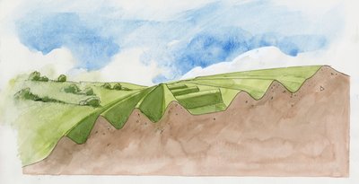 Sezione trasversale della vecchia Oswestry (acquerello su carta) da Liam Wales
