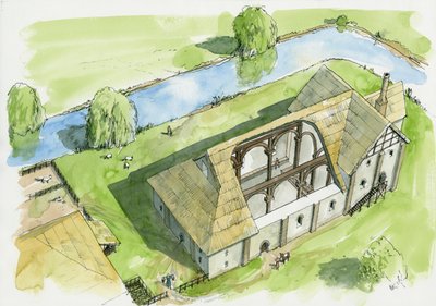 Ricostruzione del castello di Weeting (acquerello su carta) da Liam Wales