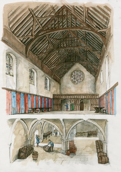Ricostruzione del Palazzo di Winchester di epoca medievale (acquerello su carta) da Liam Wales