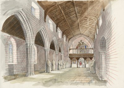 Ricostruzione della navata della chiesa abbaziale di Shap Abbey, 1530 circa (acquerello su carta) da Liam Wales