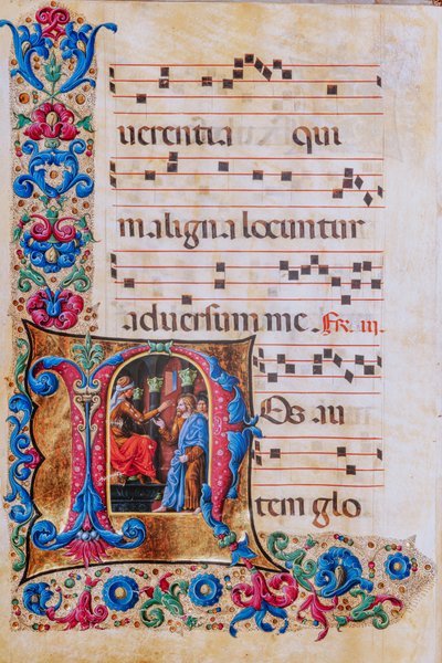 Biblioteca Piccolomini: libro del coro, cod. 22.7, ff. 22v con "Cristo davanti a Pilato" da Liberale da Verona