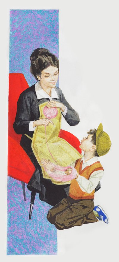 Ragazzo che aiuta sua madre a fare una palla di lana, disegno da Unbekannt Unbekannt