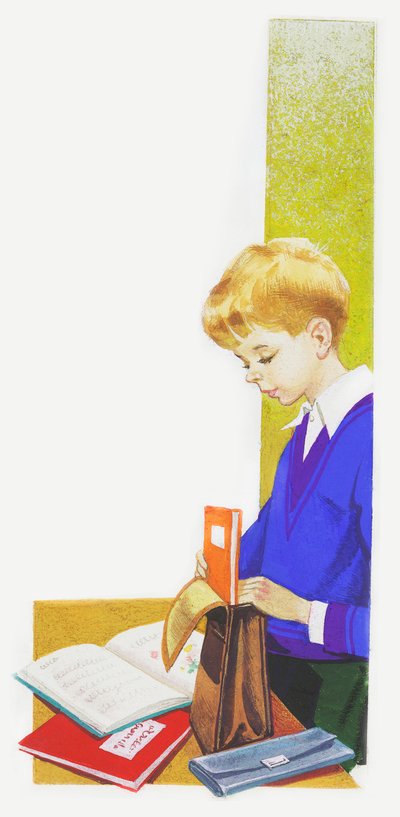 Ragazzo che prepara la sua cartella per la scuola, disegno da Unbekannt Unbekannt