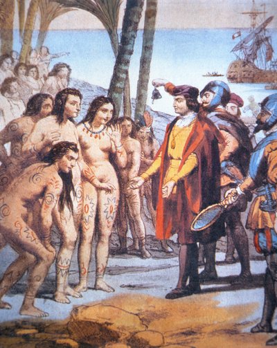 Cristoforo Colombo sbarca nel Nuovo Mondo nel 1492 e viene accolto dagli indiani Taino da Unbekannt Unbekannt