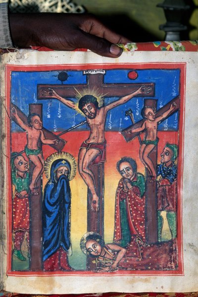 Crocifissione, manoscritto nel museo della Chiesa di Santa Maria di Sion (XVII secolo), Axum (Lista del Patrimonio Mondiale dell