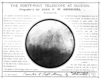 Prima fotografia del telescopio di William Herschel a Slough da Unbekannt Unbekannt
