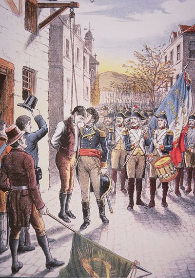 Il generale francese Jean Sarrazin bacia il ribelle irlandese impiccato Patrick Walsh da Unbekannt Unbekannt