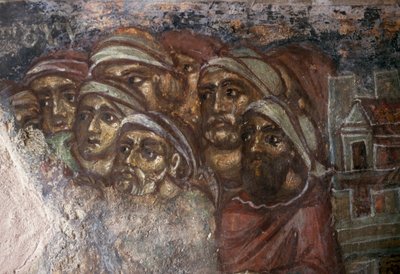 Affresco con gruppo di uomini, chiesa bizantina di Ayios Stephanos, Drakona, Creta, Grecia (foto) da Unbekannt Unbekannt