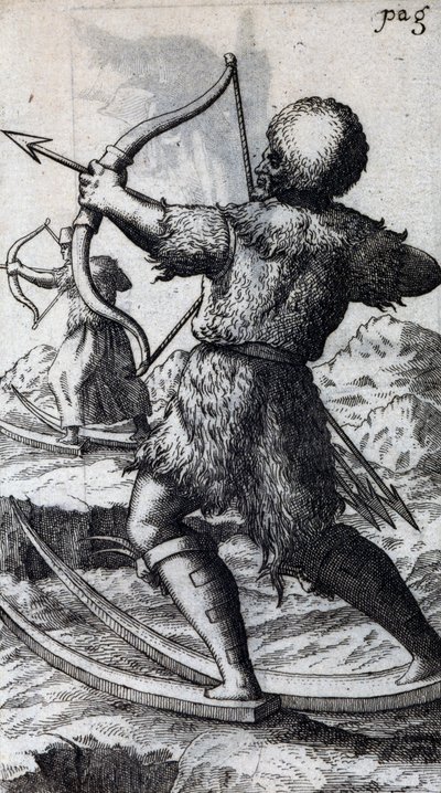 Cacciatore con arco e frecce su sci corti, illustrazione da De Calceo Antiquo, di B Balduinus da Unbekannt Unbekannt