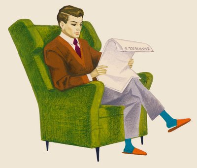 Uomo che legge il giornale seduto in poltrona, disegno da Unbekannt Unbekannt
