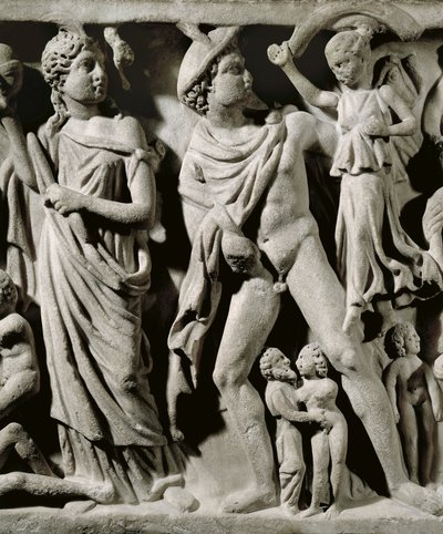 Sarcofago in marmo, Rilievo raffigurante il mito di Prometeo, Dettaglio, Hermes e una delle Parche, Da Arles da Unbekannt Unbekannt