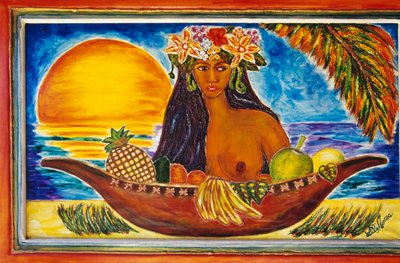 Vetro dipinto raffigurante donna polinesiana, isola di Moorea, Isole della Società, Polinesia Francese (territorio d