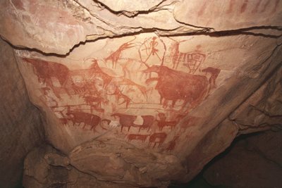 Dipinto raffigurante scene di caccia, arte rupestre sahariana, Enneri Tougwi, Tibesti, Ciad da Unbekannt Unbekannt