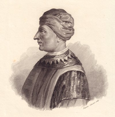 Ritratto del leader militare italiano Can Francesco della Scala noto anche come Cangrande I (1291-1329), incisione su rame di Eugenio Silvestri da Unbekannt Unbekannt