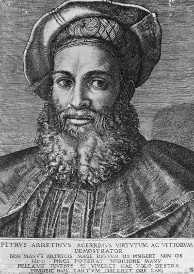 Ritratto di Pietro Aretino (1492-1556), poeta, scrittore e drammaturgo italiano, incisione di Marcantonio Raimondi (nato ca 1470-1482, morto 1527-1534), 22,3x15,4 cm da Unbekannt Unbekannt