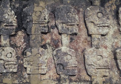 Rilievo raffigurante teschi umani, dettaglio del Tzompantli, o Muro dei Teschi, sito archeologico di Chichen Itza (Patrimonio dell