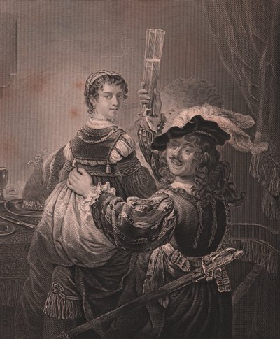 Rembrandt con sua moglie Saskia, incisione di H Payne da un dipinto di Rembrandt, dalla Royal Dresden Gallery di Payne, di Albert Henry Payne, H Payne Dresden e Leipzig Publisher, circa 1840 da Unbekannt Unbekannt