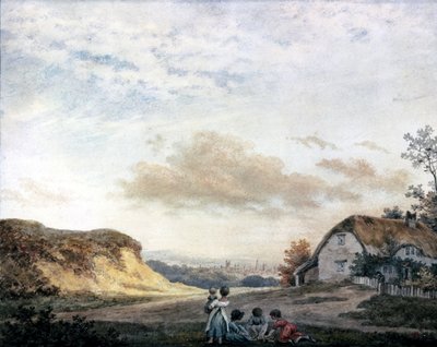 Paesaggio rurale di Luke Howard con bambini che giocano vicino a un cottage, c 1808-1811 da Unbekannt Unbekannt