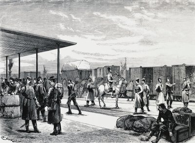 Convoglio militare russo alla stazione di Bustiu, sulla ferrovia Bucarest-Galati, guerra russo-turca, incisione, Romania da Unbekannt Unbekannt