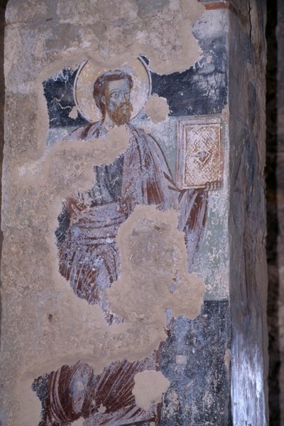 Santo, affresco nella chiesa di Agios Nikolaos, città bizantina di Mystras da Unbekannt Unbekannt