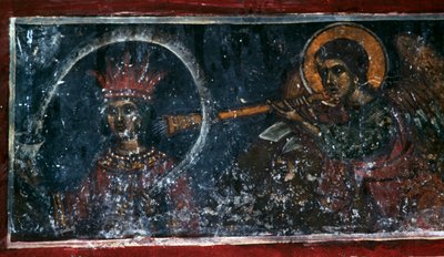 Santo che suona il corno, affresco nella Chiesa di Agios Ioannis Prodromos, Margarites, Creta, Grecia da Unbekannt Unbekannt