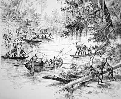 Conquistadores spagnoli attaccati dai nativi in Sud America da Unbekannt Unbekannt