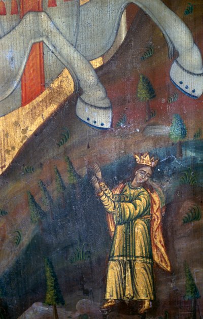 San Giorgio e il Drago, (dettaglio) di pannello di legno nella chiesa di Agia Paraskevi, Anisaraki, Creta, Grecia (foto) da Unbekannt Unbekannt