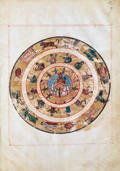 Il carro del Sole e i segni dello Zodiaco, miniatura da un manoscritto del primo Medioevo, tavola astronomica di Tolomeo (ca 100-175), civiltà ellenistica da Unbekannt Unbekannt