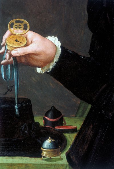 (dettaglio) Ritratto di un uomo che tiene un orologio, c 1558 da Unbekannt Unbekannt