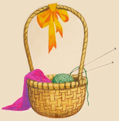 Cesto di vimini contenente una palla di lana, aghi e lavoro a maglia, disegno da Unbekannt Unbekannt