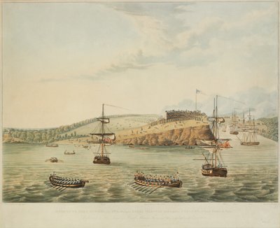 Attacco al Forte Oswego, Lago Ontario, N. America. 6 maggio 1814, mezzogiorno, e assalto al Forte Oswego da parte del Secondo Battaglione dei Royal Marines e di un gruppo di marinai, 15 minuti dopo mezzogiorno, inciso da R. Havell, 1815 da Lieutenant J. Hewitt