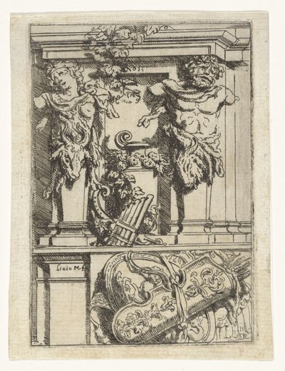 Due cariatidi, un flauto di Pan, un arco e una freccia e uno scudo da Lieven Mehus