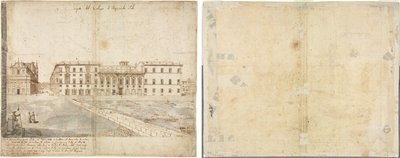 Diciotto vedute di Roma: Il Collegio di Propaganda Fide (recto); Schizzi di finestre e pilastri del piano attico del Collegio di Propaganda Fide (verso) da Lievin Cruyl