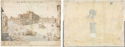Diciotto vedute di Roma: Piazza Barberini (recto); Traccia di una fontana dal recto e schizzi di due volti (verso) da Lievin Cruyl