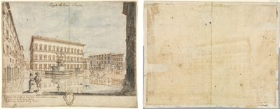 Diciotto vedute di Roma: La Piazza Farnese (recto); Cartiglio (verso) da Lievin Cruyl