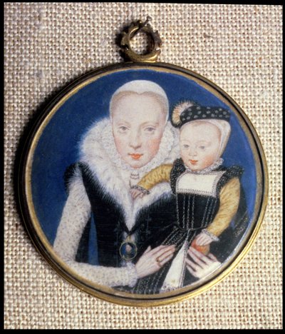 Miniatura di ritratto di Lady Katherine Seymour, nata Grey, Contessa di Hertford, con il suo figlio neonato e indossando la miniatura del marito, c.1562 da Lievine Teerlink