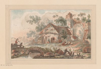 Casa davanti a una porta della città in rovina, con in primo piano un uomo su un ponte da Liger (attributed to)
