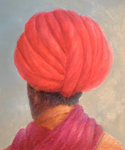 Turbante rosso giacca gialla da Lincoln Seligman