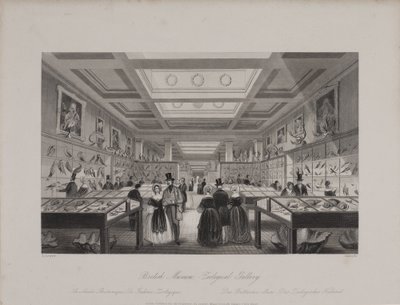 Vista della Galleria Zoologica, Museo Britannico che mostra i visitatori che guardano le esposizioni, c.1850 (incisione) da Llewellyn (after) Jewitt