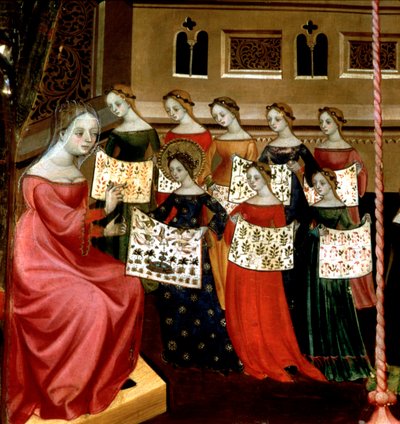 La Vergine Maria con le sue compagne che mostrano campioni di ricamo alla loro insegnante (dettaglio) da Lluís Borrassà