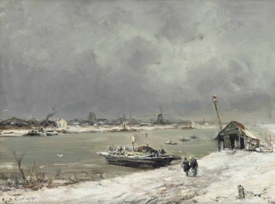 Un traghetto che attraversa vicino a Wijk bij Duurstede in inverno da Lodewijk Frederik Hendrik Apol